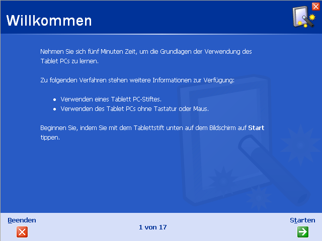 Der Startscreen der TabletPC Edition