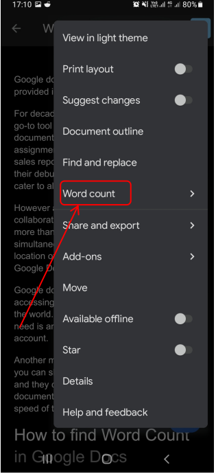 google docs mobile word count option