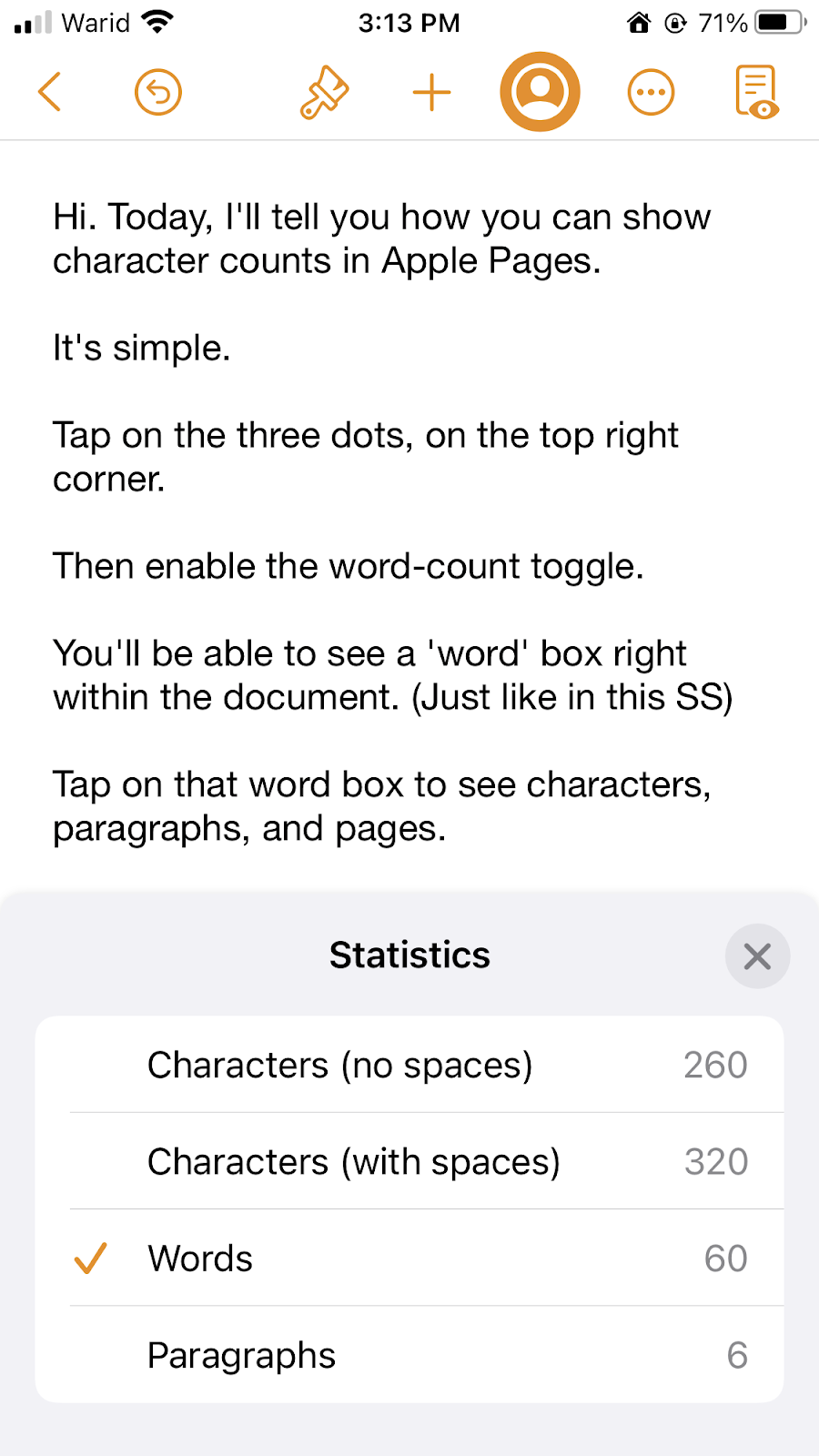 apple pages character count