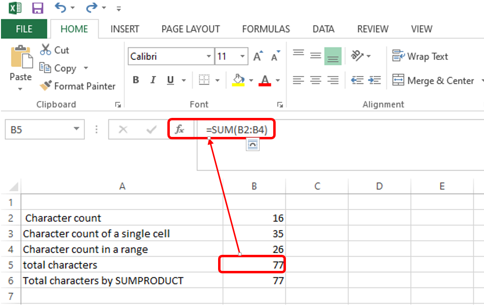 microsoft excel character count sum range