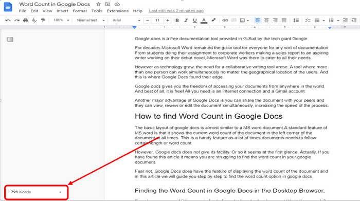 google docs word count real time