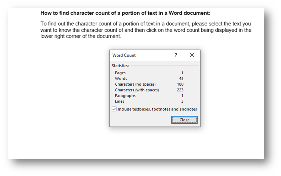 microsoft word character count selected text