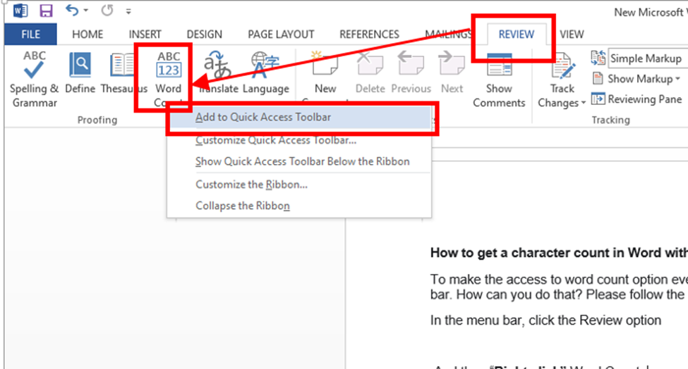 microsoft word pin word count quick access bar